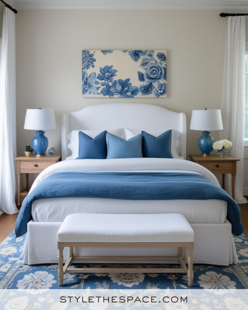 White Bedroom with Classic Blue Accents