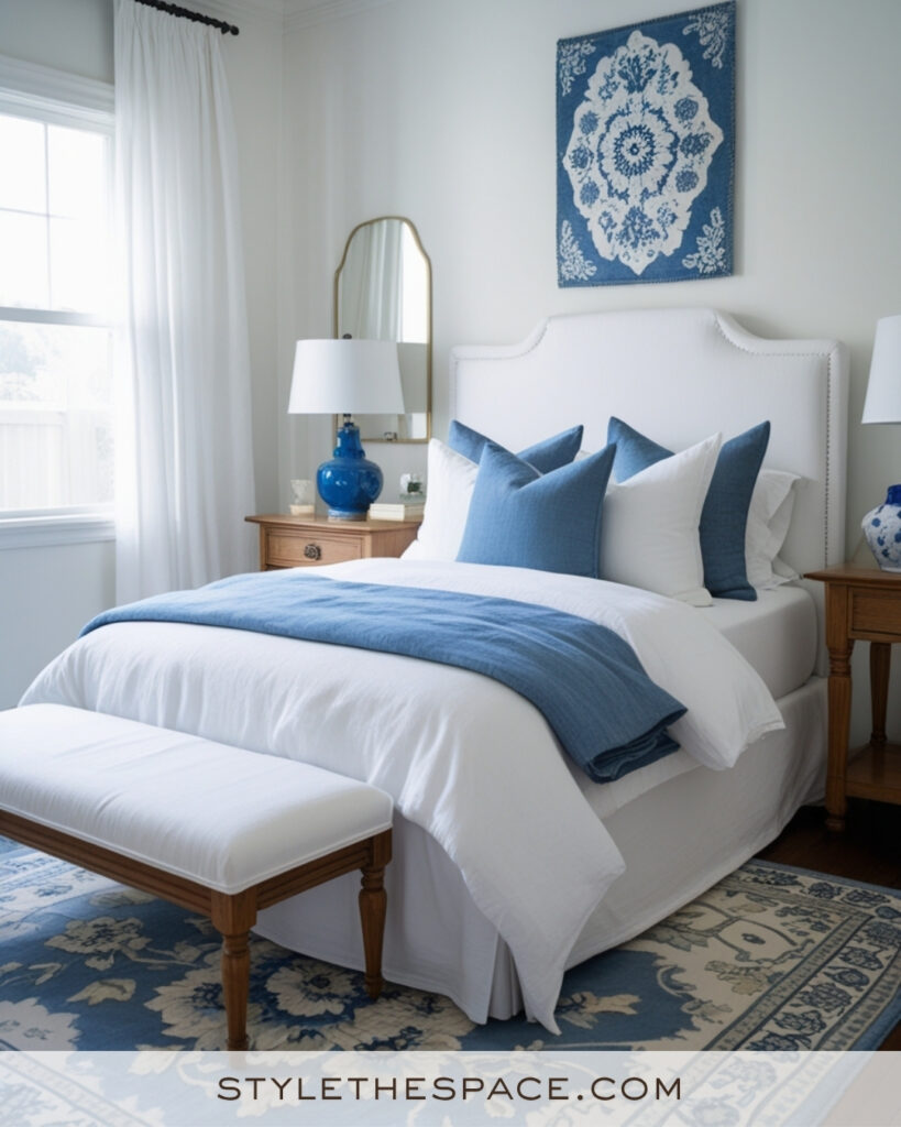 White Bedroom with Classic Blue Accents