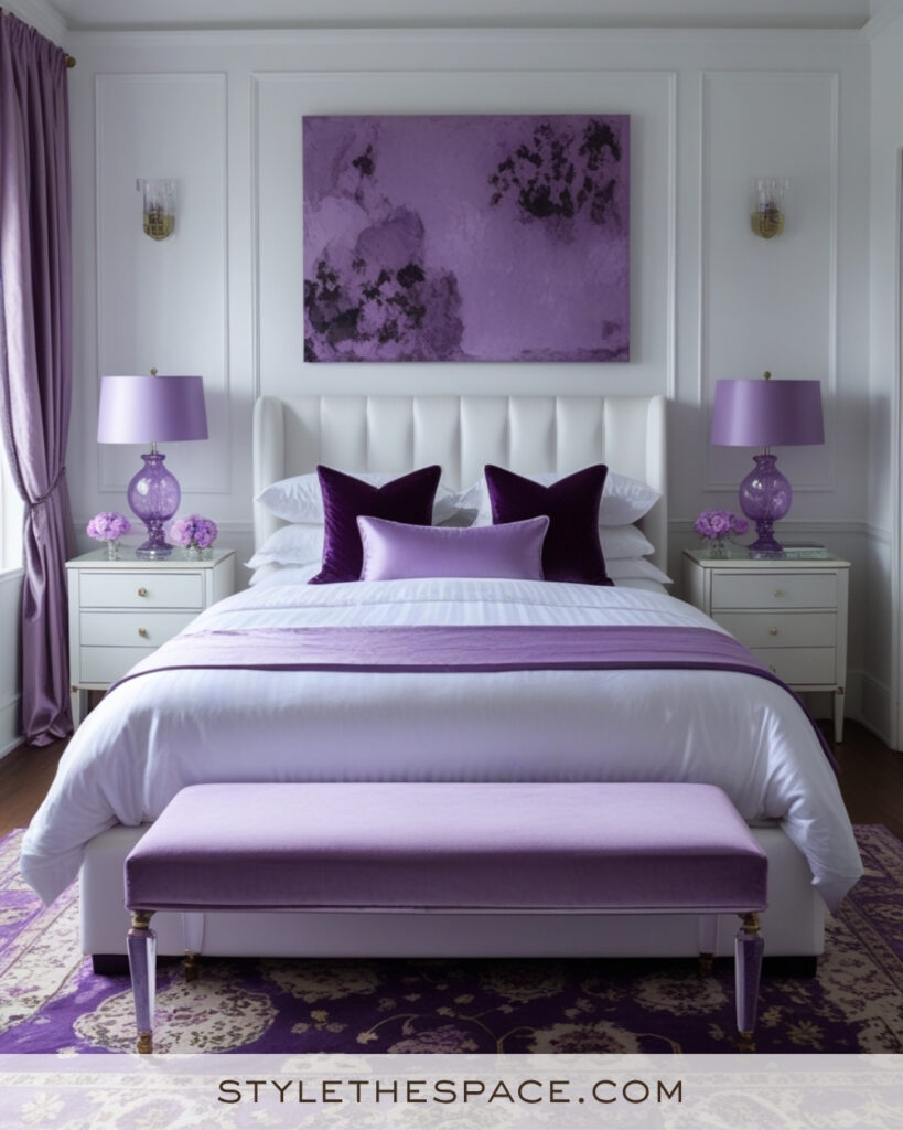 White Bedroom with Elegant Lavender and Plum Accents