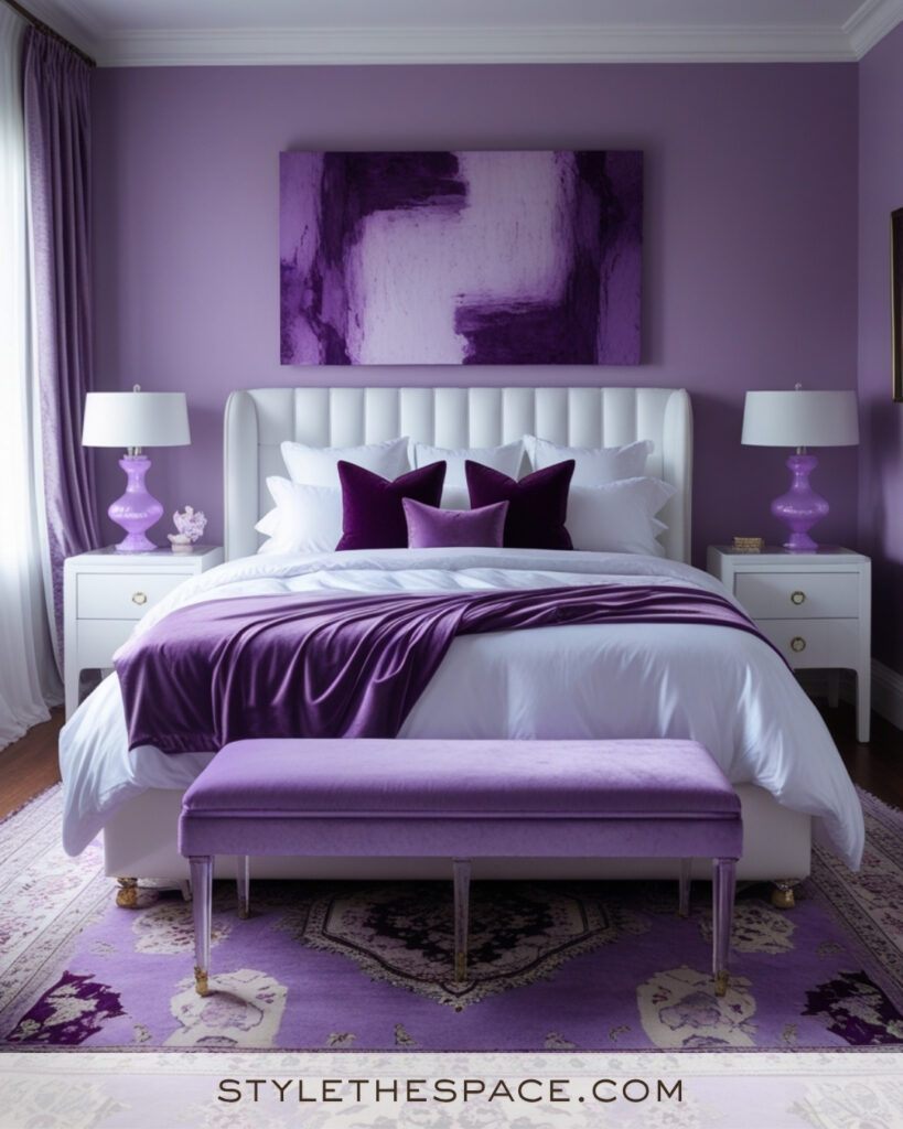 White Bedroom with Elegant Lavender and Plum Accents
