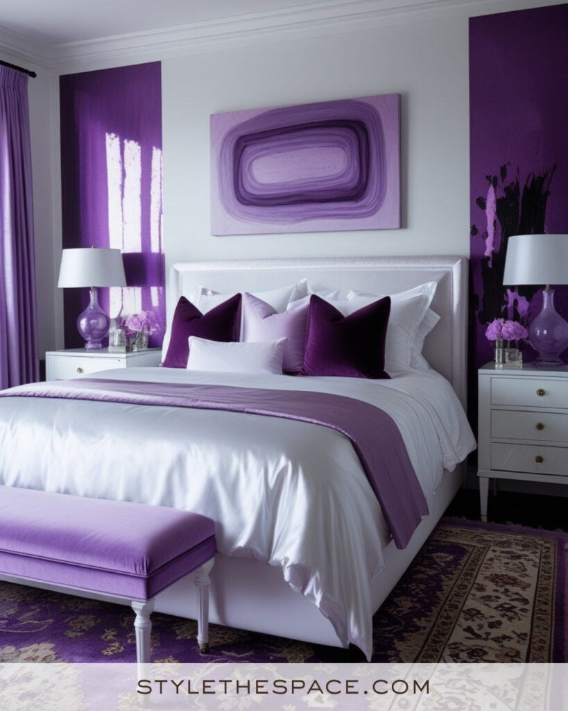 White Bedroom with Elegant Lavender and Plum Accents