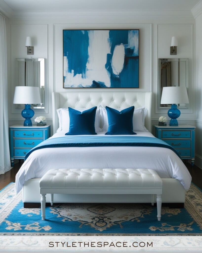 White Bedroom with Teal Blue Statement Accents