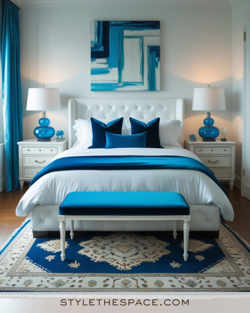 White Bedroom with Teal Blue Statement Accents