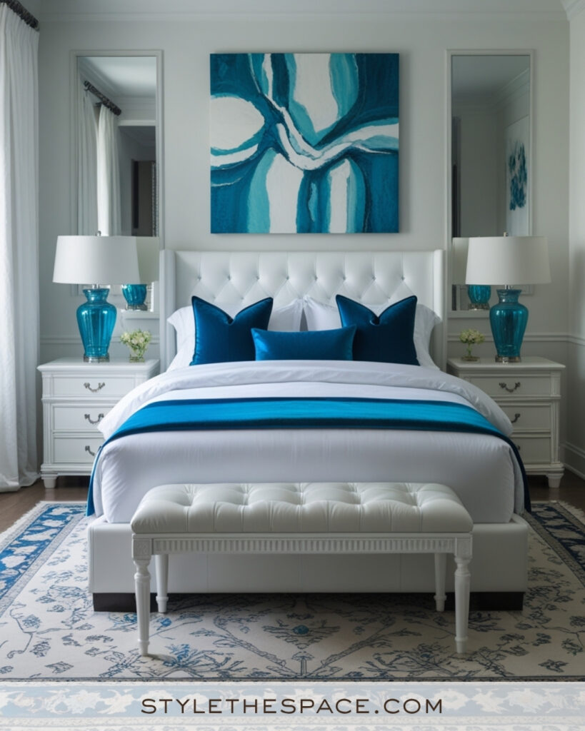 White Bedroom with Teal Blue Statement Accents