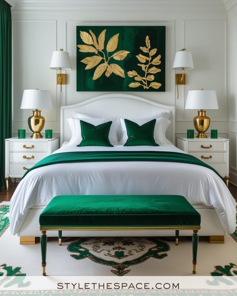 White Bedroom with Emerald Green and Gold Accents
