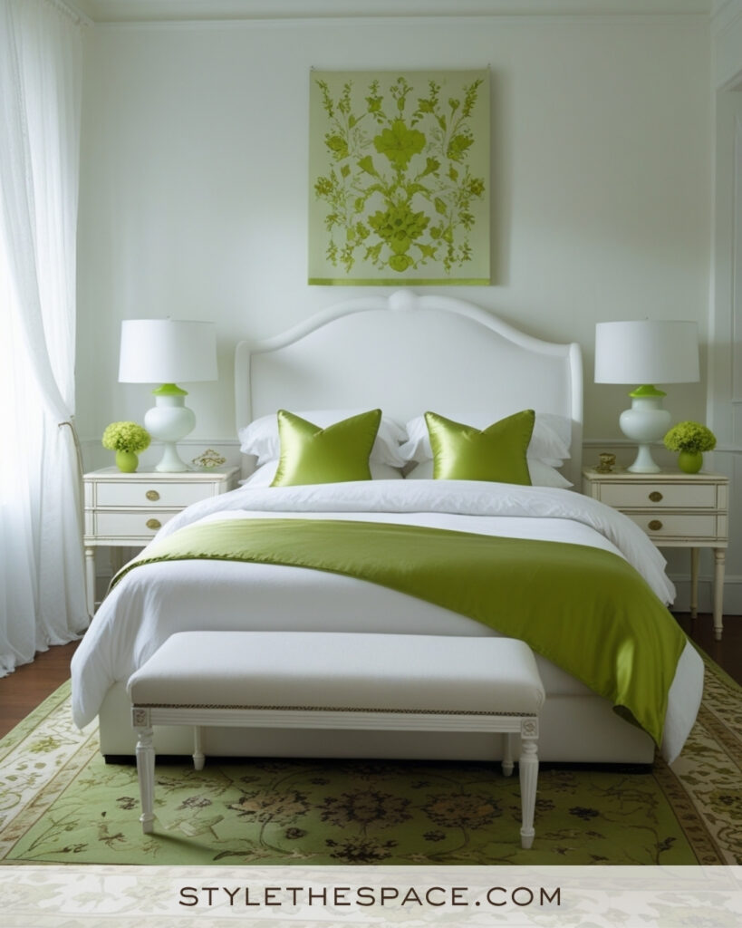 White Bedroom with Fresh Lime Green Accents