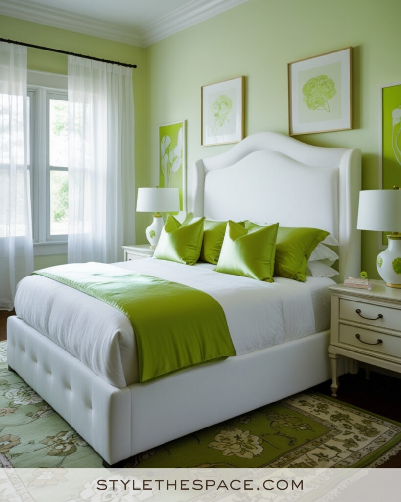White Bedroom with Fresh Lime Green Accents