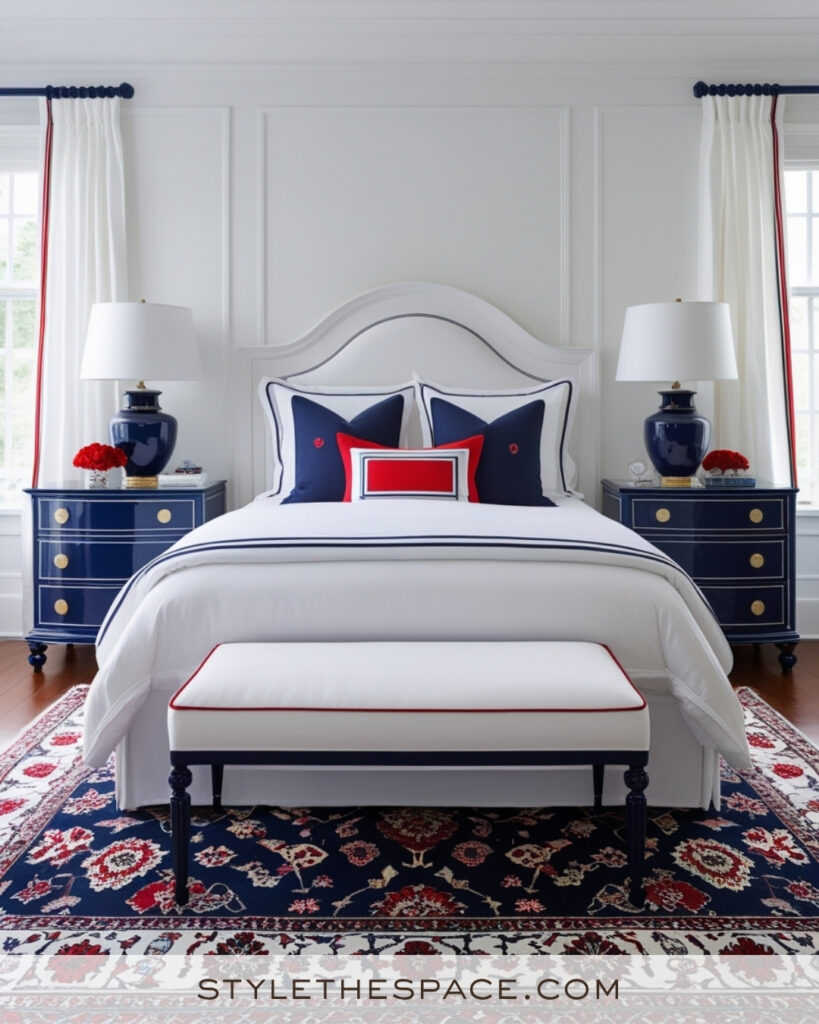 Crisp White Bedroom with Navy and Red Preppy Accents