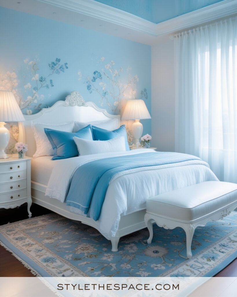 White Bedroom with Soft Sky Blue and Powder Blue Tones