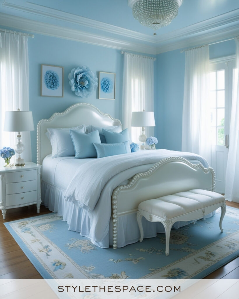 White Bedroom with Soft Sky Blue and Powder Blue Tones