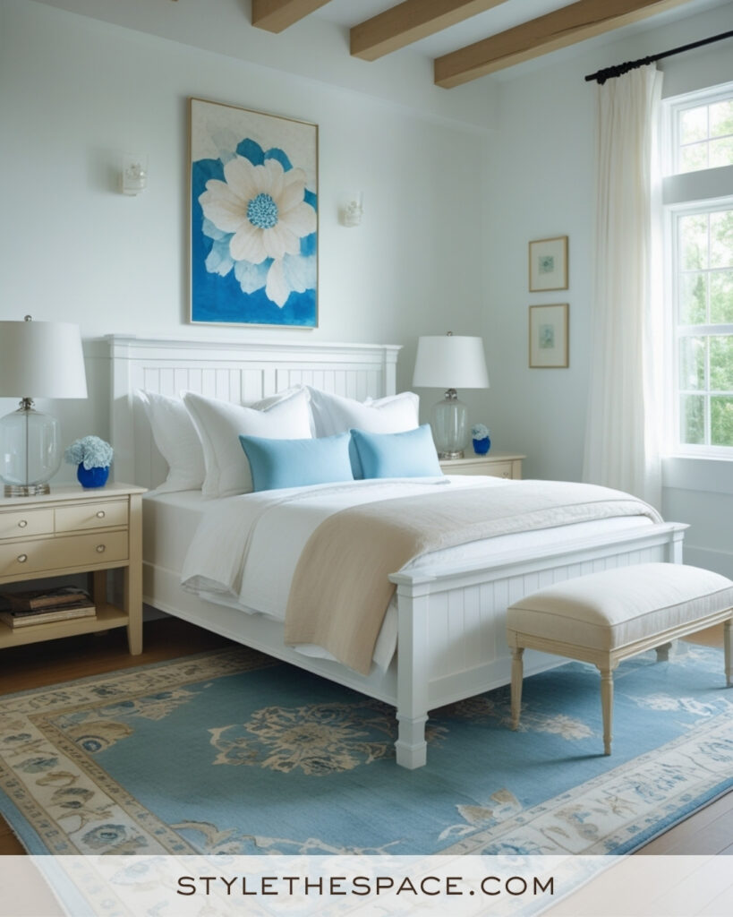 White Bedroom with Coastal Blue and Soft Beige Accents