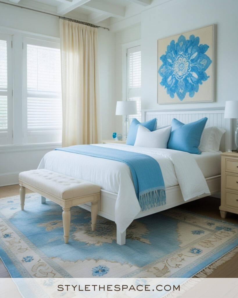 White Bedroom with Coastal Blue and Soft Beige Accents
