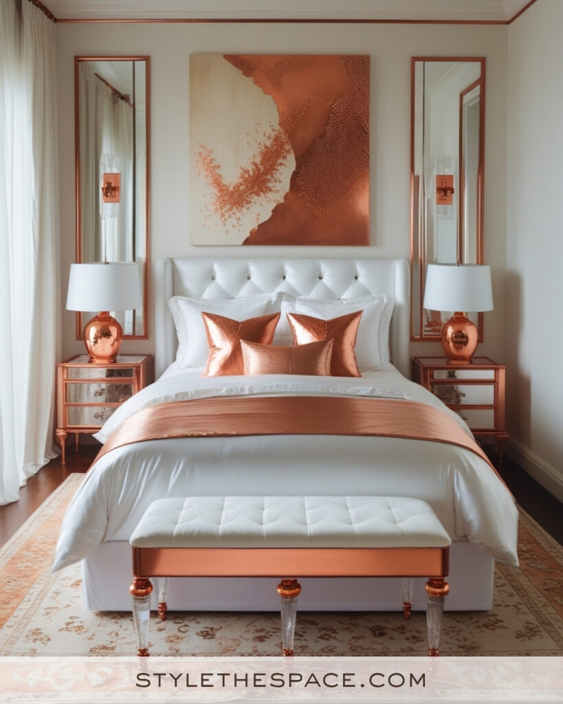 White Bedroom with Warm Copper and Terracotta Accents