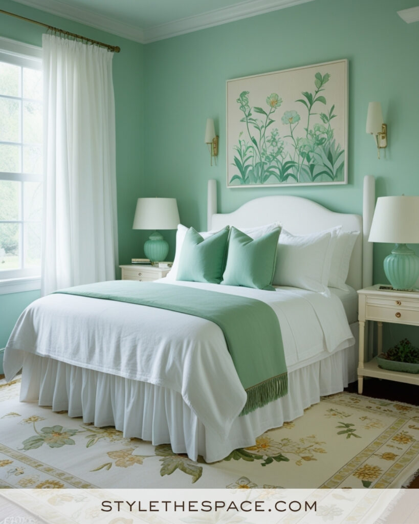 White Bedroom with Mint Green and Soft Aqua Walls