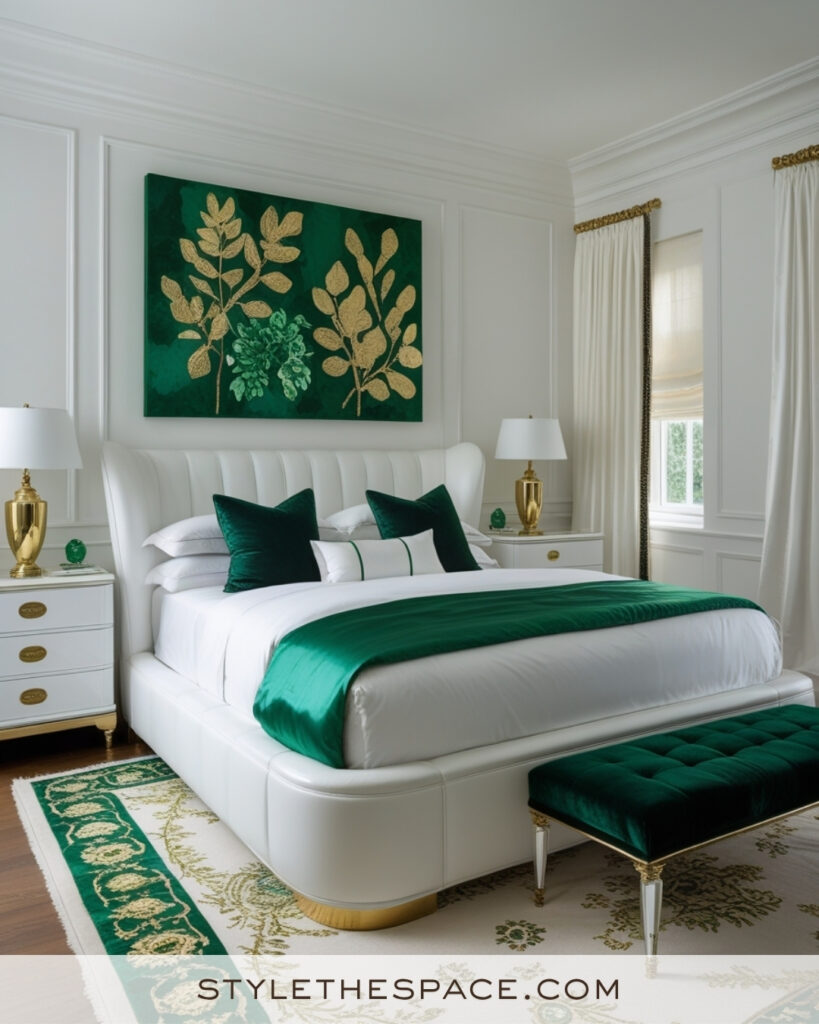 White Bedroom with Emerald Green and Gold Accents