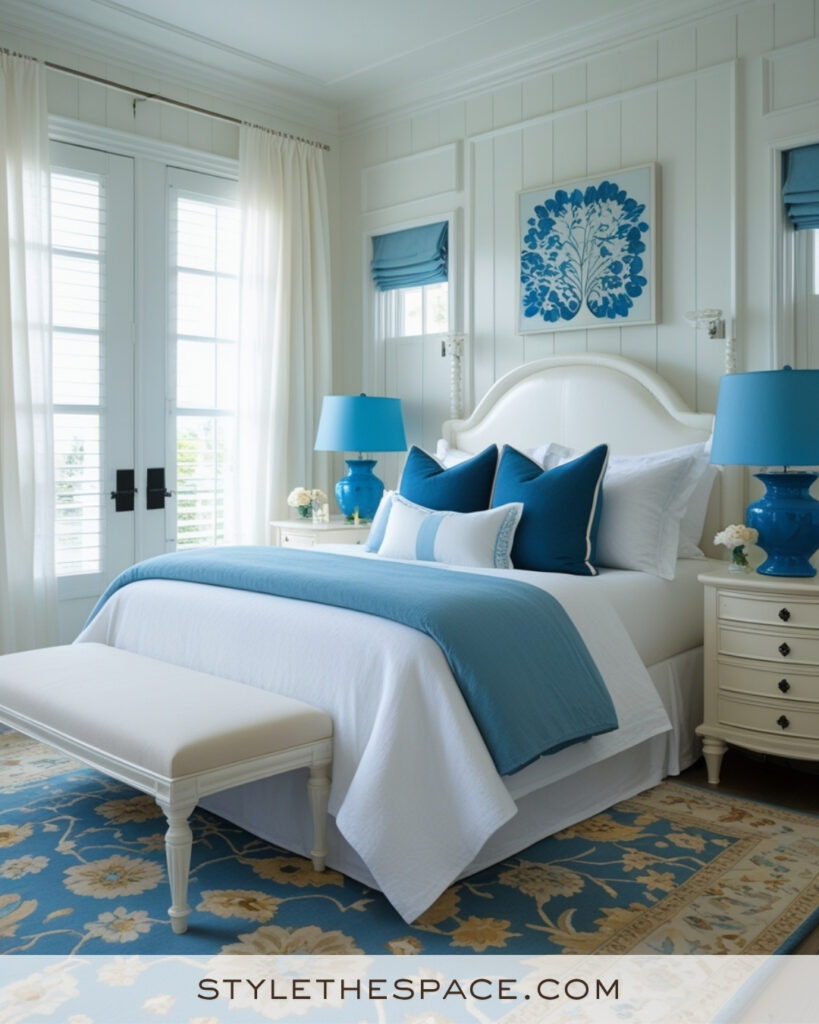 White Bedroom with Soft Blue and Royal Blue Accents