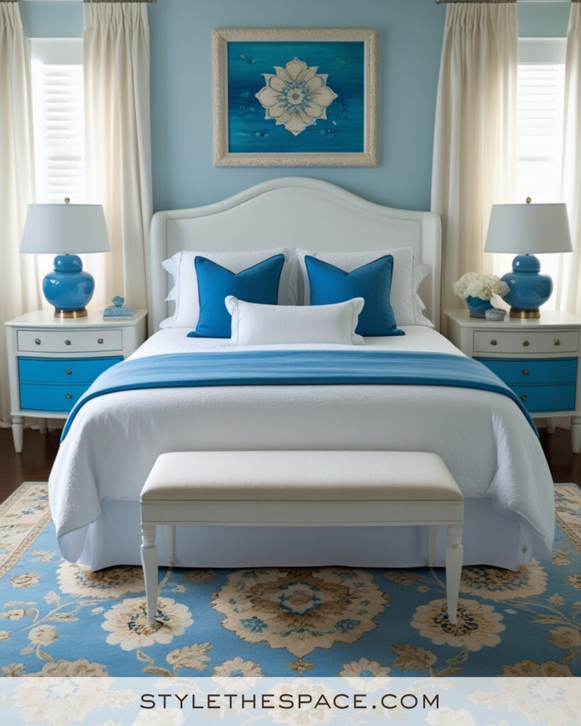 White Bedroom with Soft Blue and Royal Blue Accents