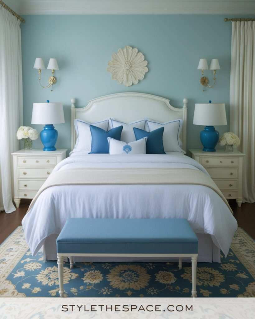 White Bedroom with Soft Blue and Royal Blue Accents