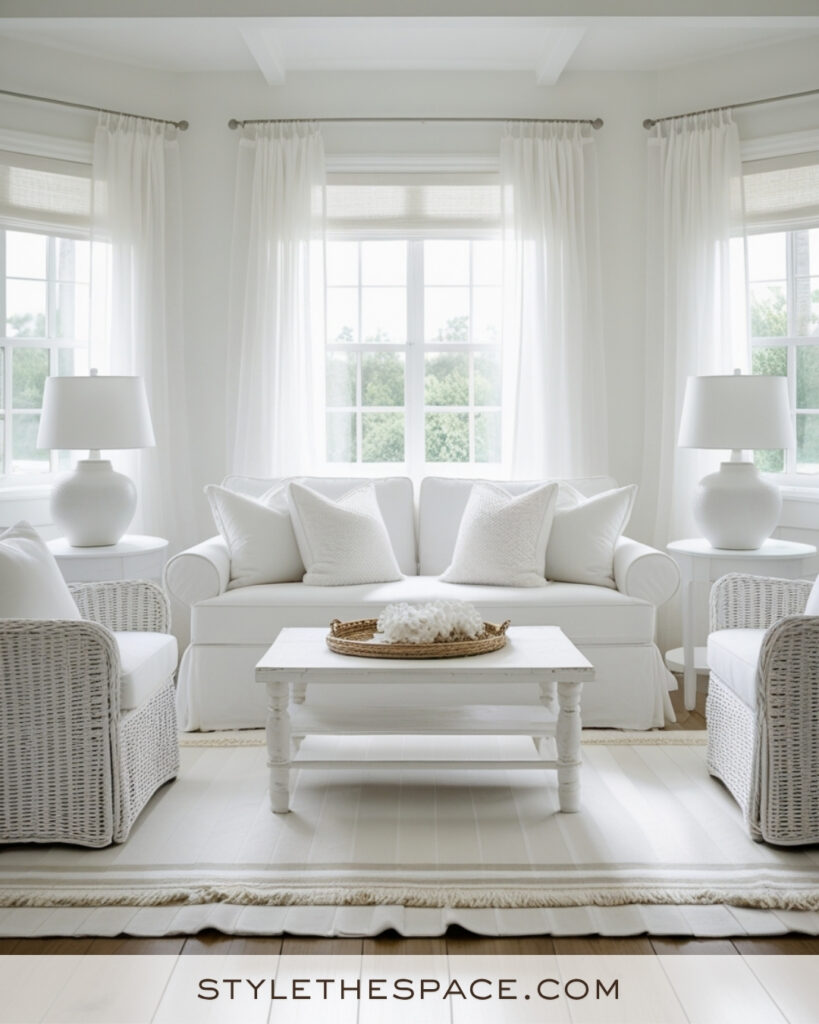 Soft White Coastal Living Room with Natural Texture Accents