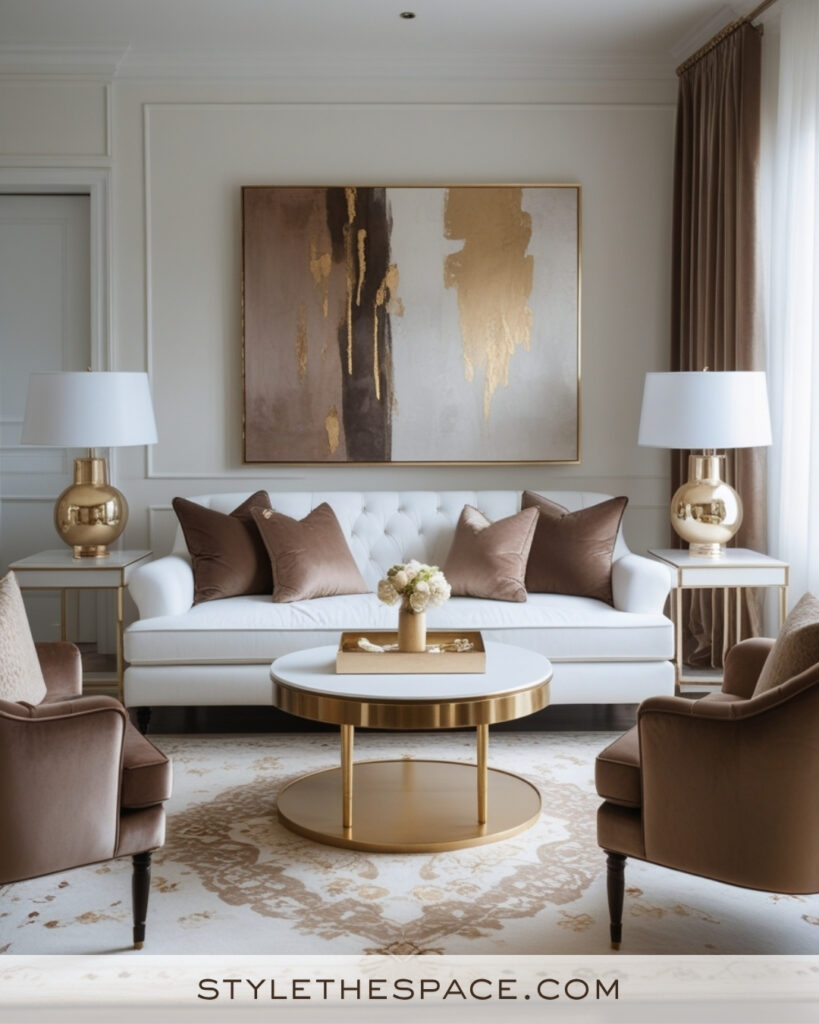 White Living Room with Taupe and Warm Gold Accents