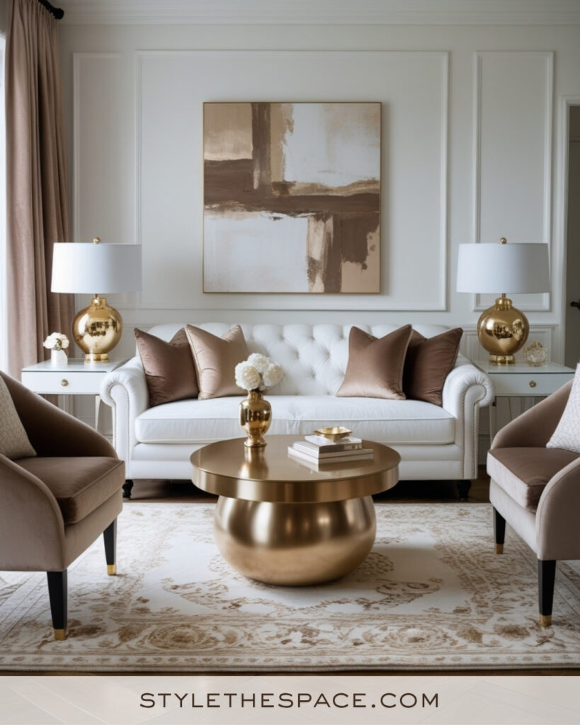 White Living Room with Taupe and Warm Gold Accents