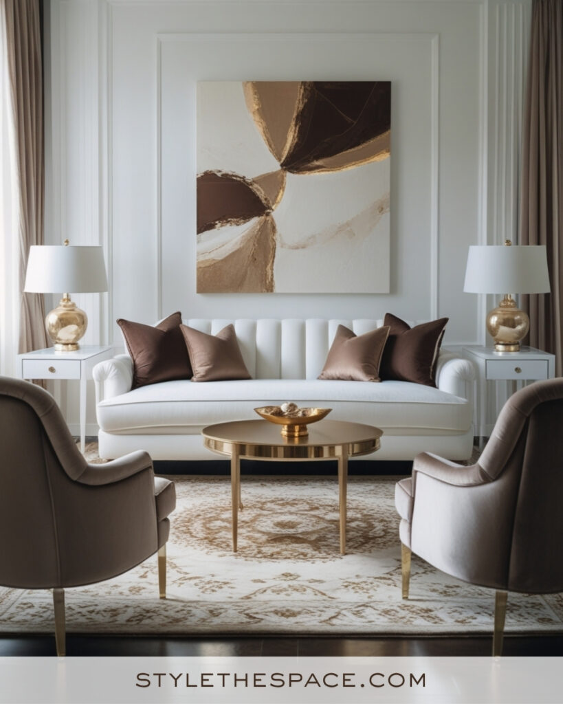 White Living Room with Taupe and Warm Gold Accents