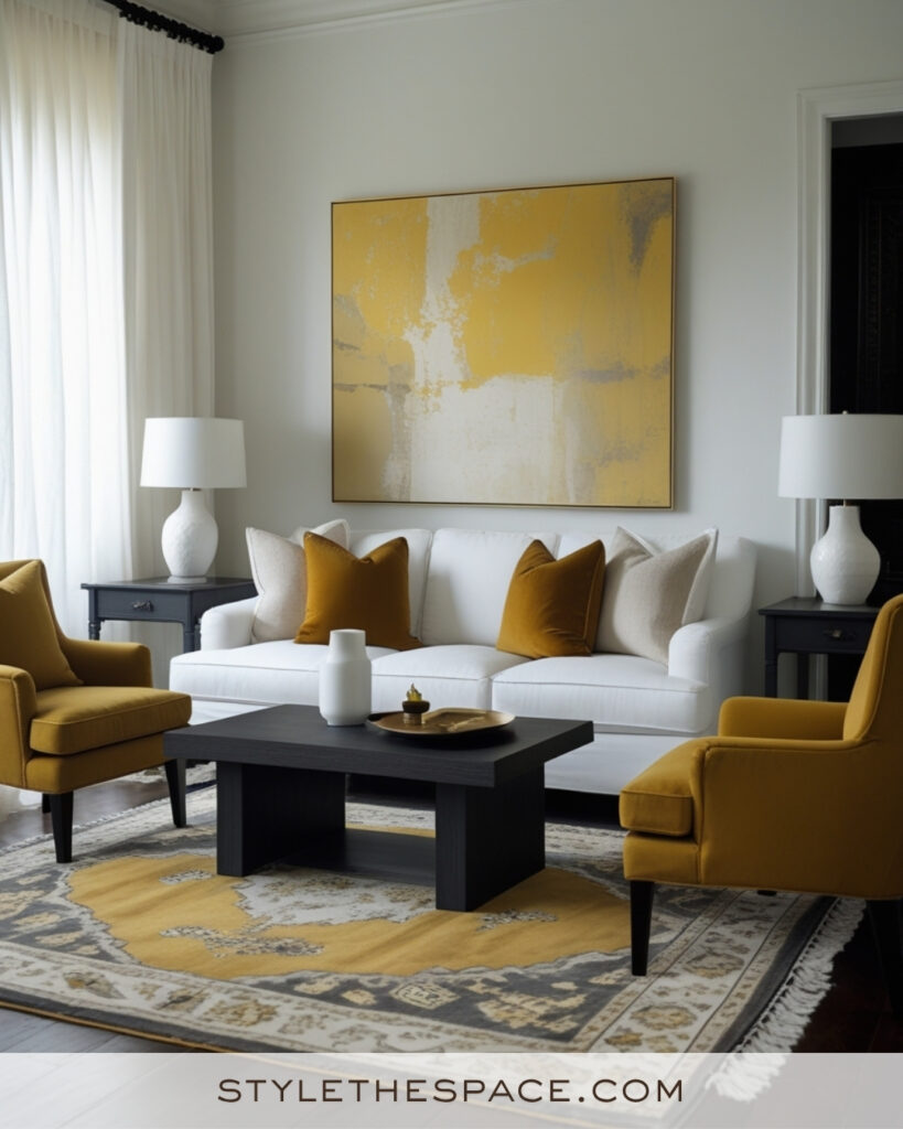 White Living Room with Mustard Yellow and Warm Neutral Accents
