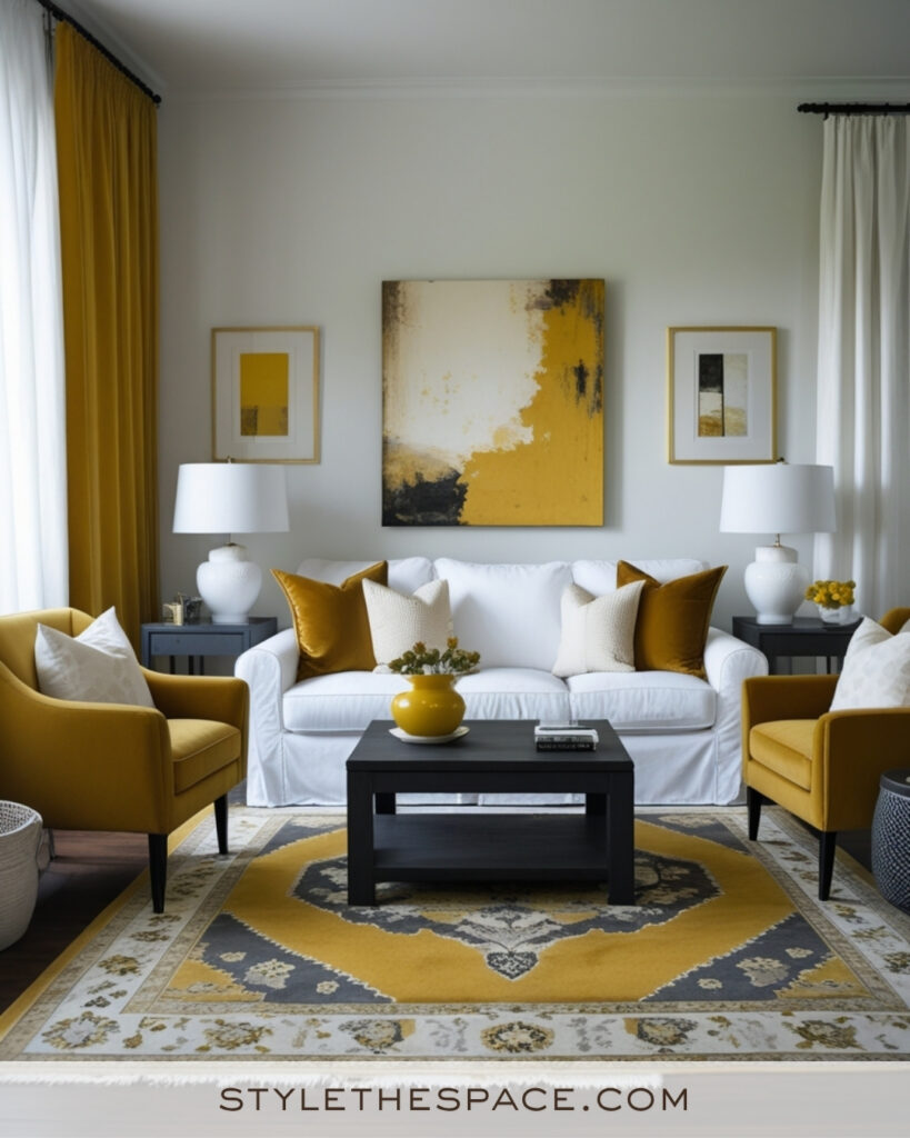 White Living Room with Mustard Yellow and Warm Neutral Accents