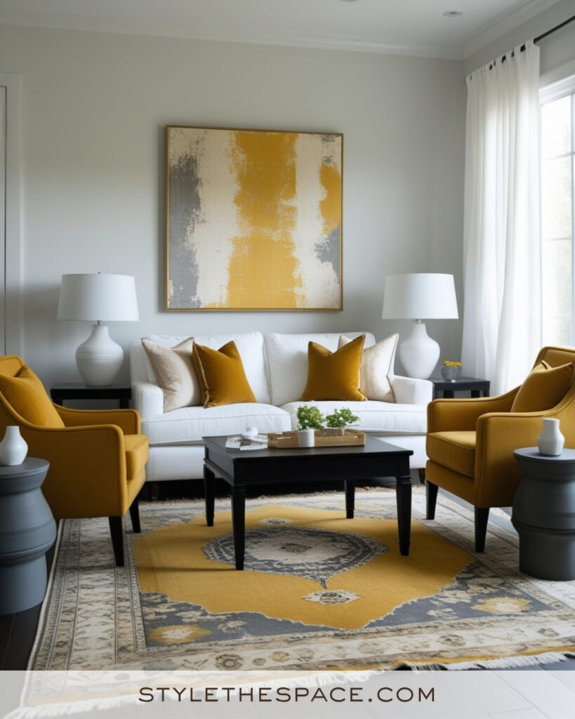 White Living Room with Mustard Yellow and Warm Neutral Accents