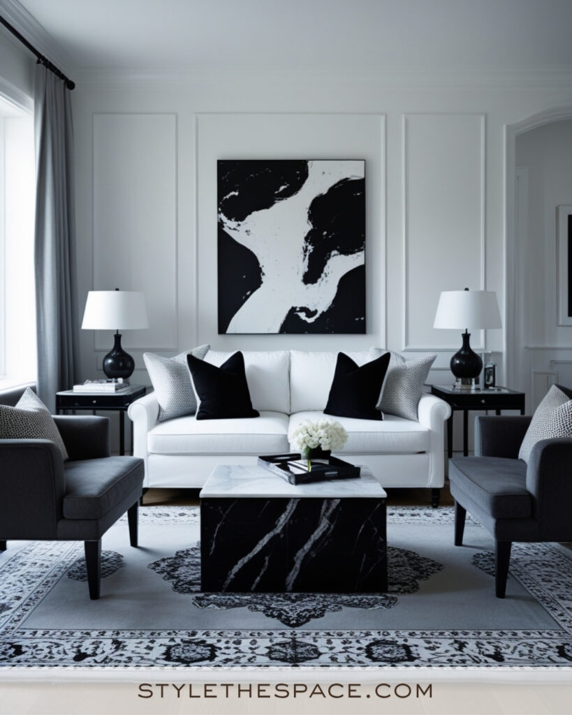 White Living Room with Black and Charcoal Modern Contrast