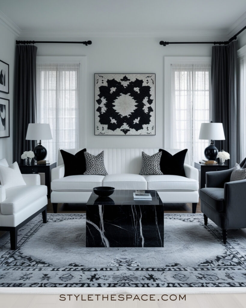 White Living Room with Black and Charcoal Modern Contrast