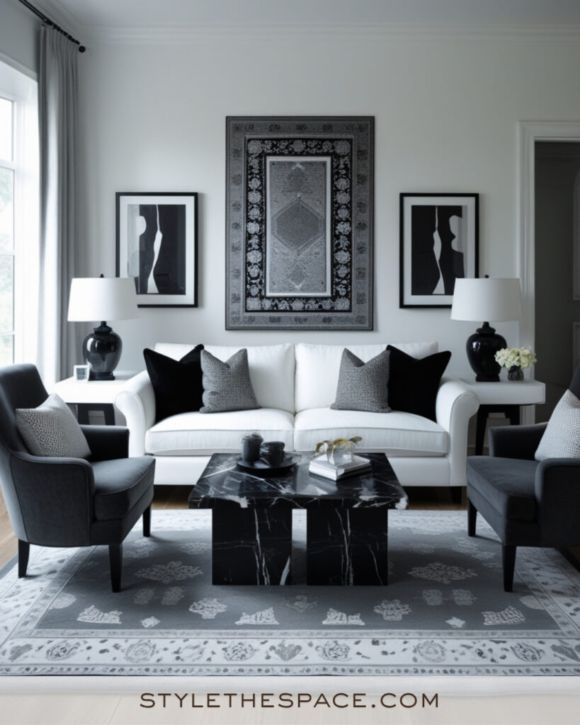 White Living Room with Black and Charcoal Modern Contrast