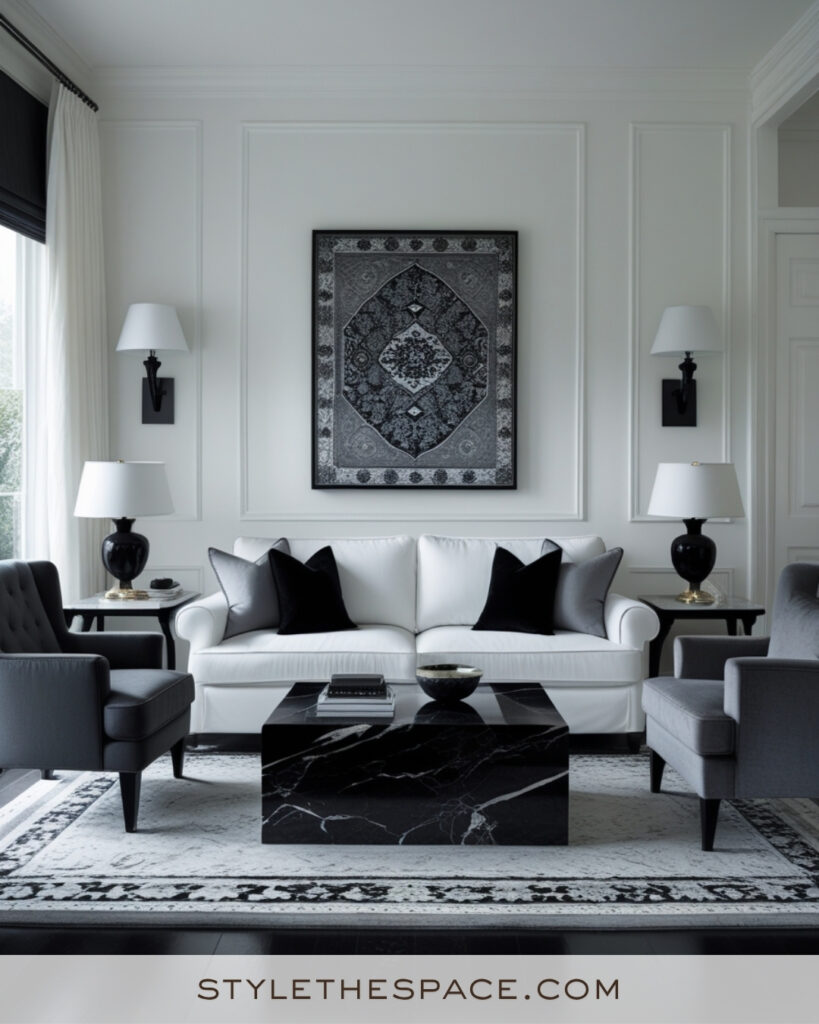 White Living Room with Black and Charcoal Modern Contrast