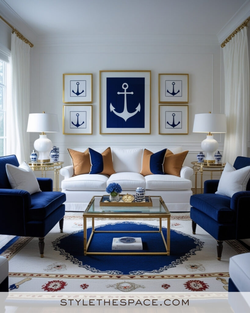 White Living Room with Navy Blue and Warm Gold Accents