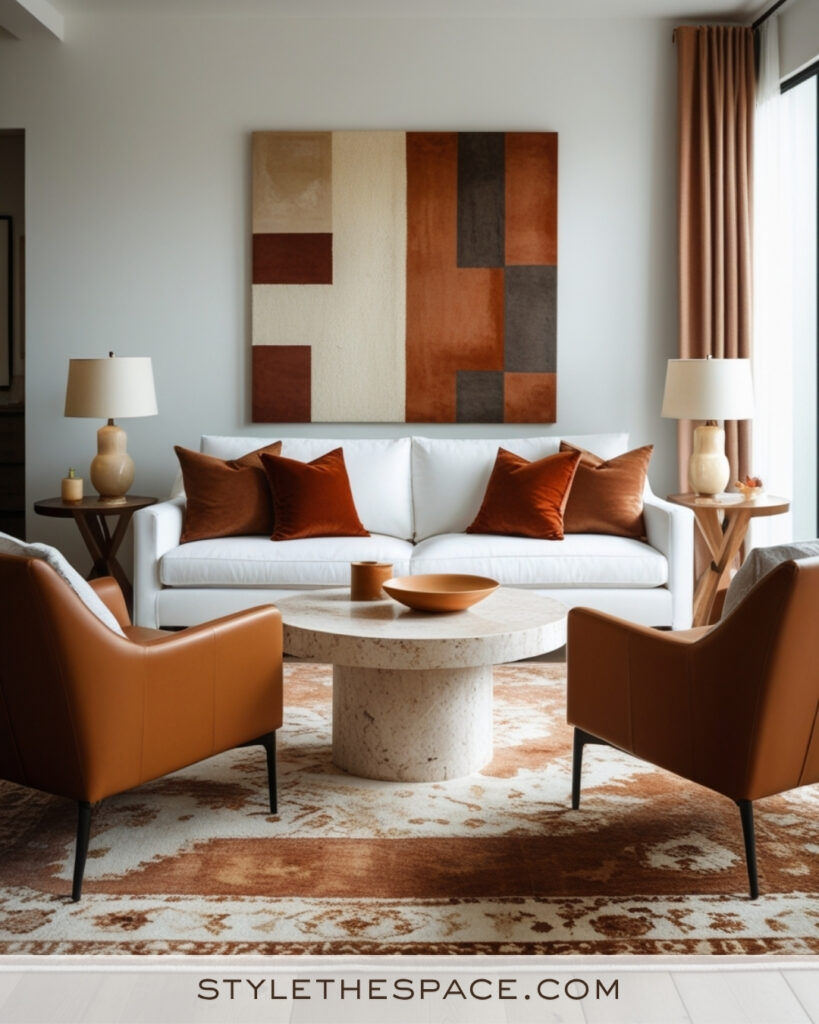 White Living Room with Rust and Cognac Warm Tones