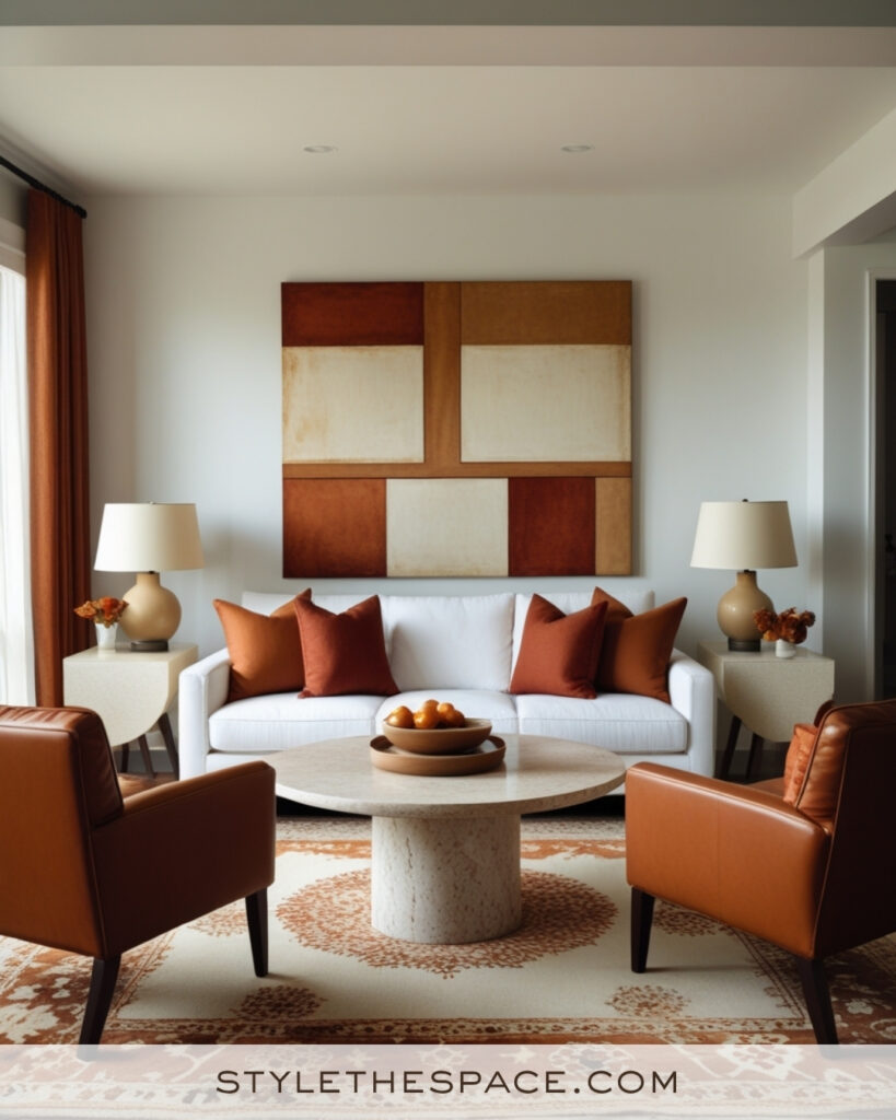 White Living Room with Rust and Cognac Warm Tones