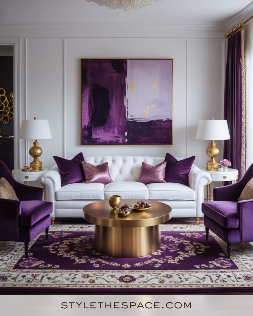 White Living Room with Plum Purple and Gold Glam Accents