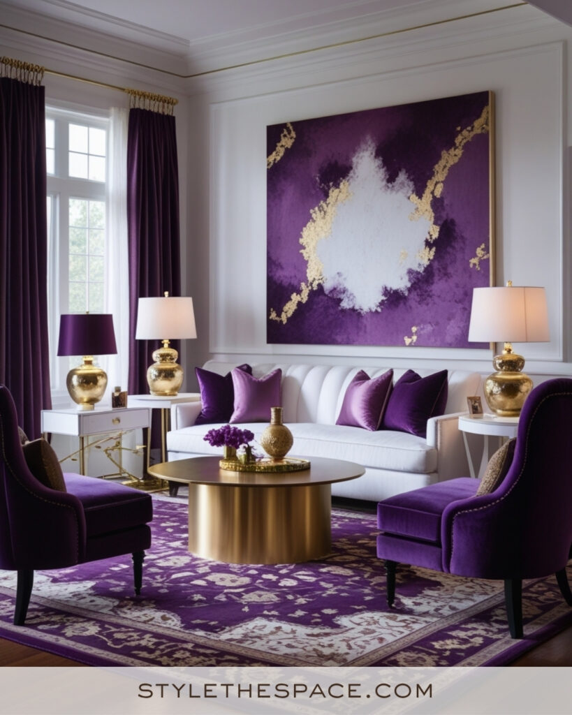 White Living Room with Plum Purple and Gold Glam Accents