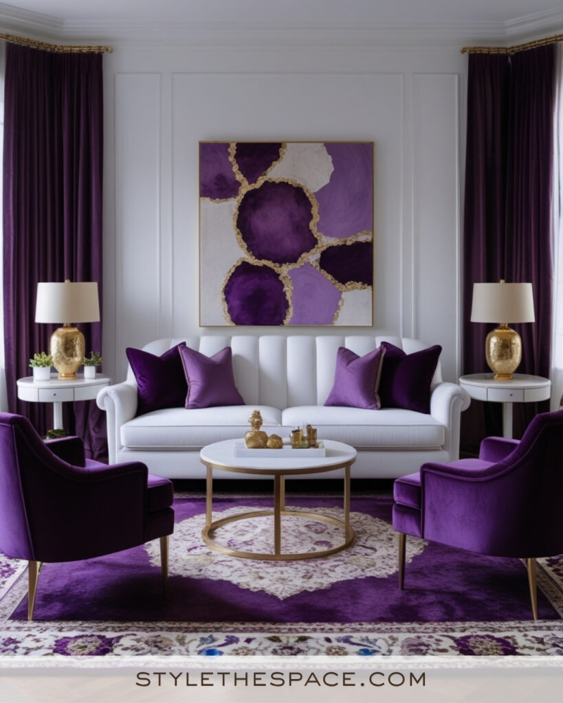 White Living Room with Plum Purple and Gold Glam Accents