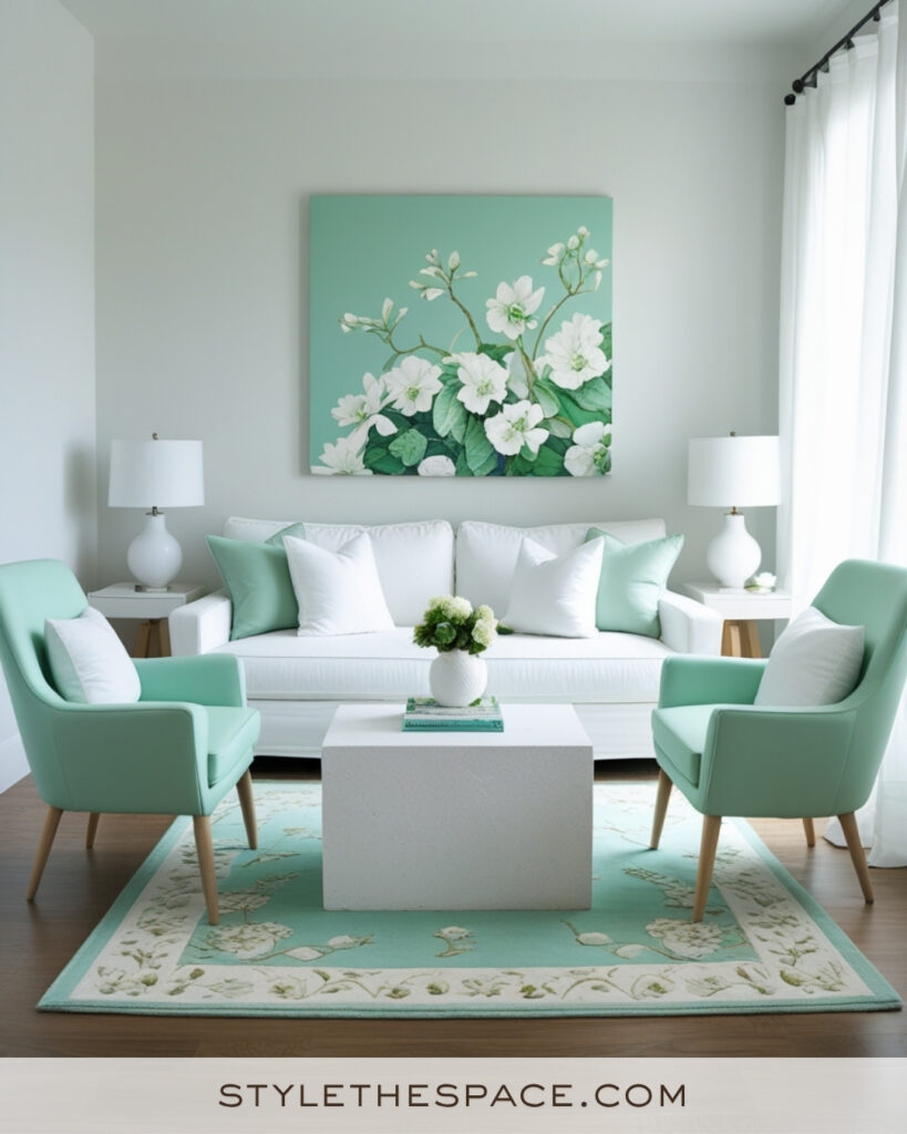 White Living Room with Mint Green and Soft Botanical Accents