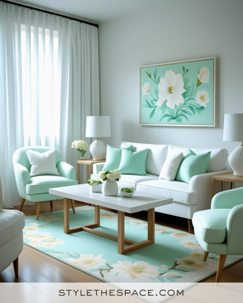 White Living Room with Mint Green and Soft Botanical Accents