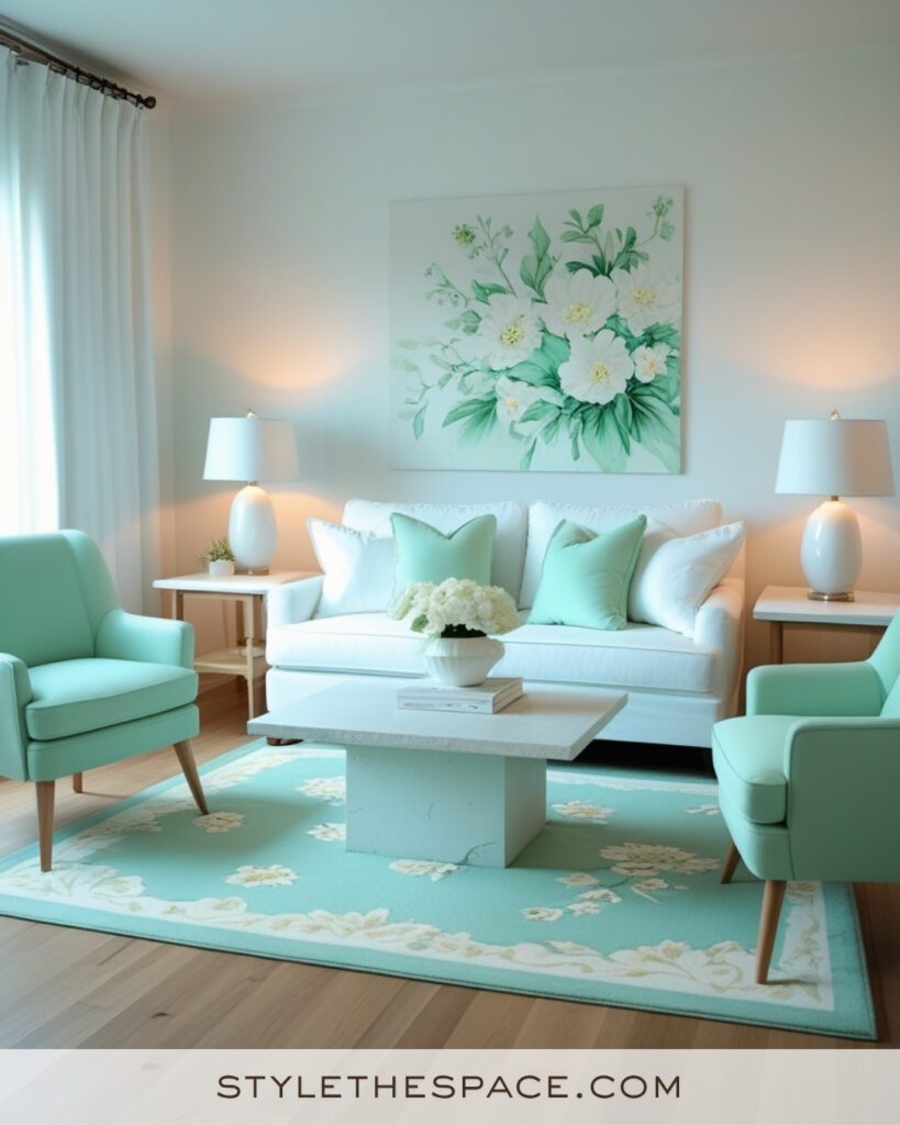 White Living Room with Mint Green and Soft Botanical Accents