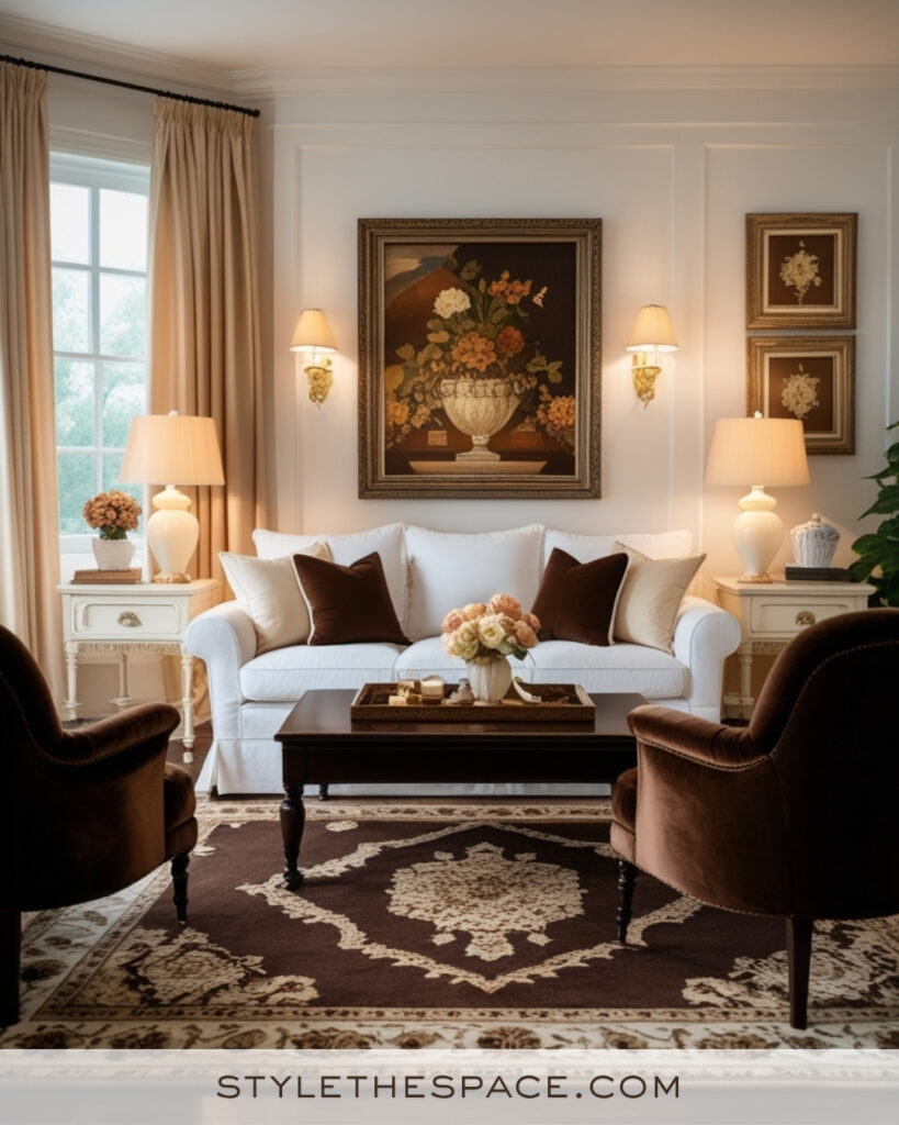 White Living Room with Chocolate Brown and Warm Beige Accents