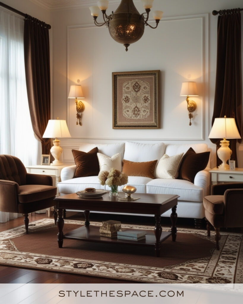 White Living Room with Chocolate Brown and Warm Beige Accents