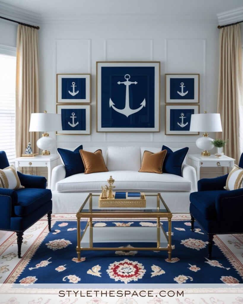 White Living Room with Navy Blue and Warm Gold Accents