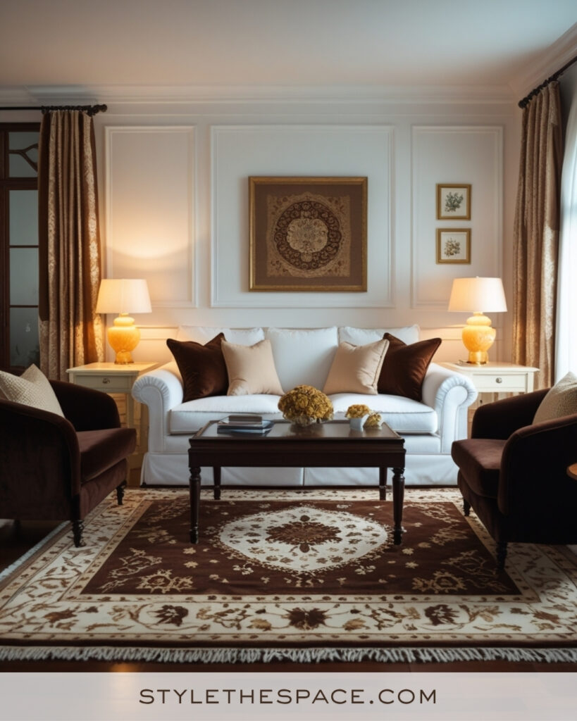 White Living Room with Chocolate Brown and Warm Beige Accents