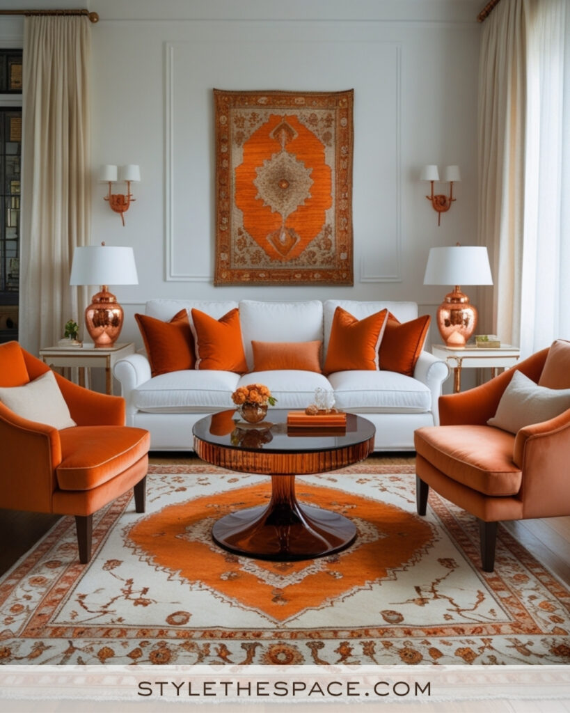 White Living Room with Burnt Orange and Copper Accents