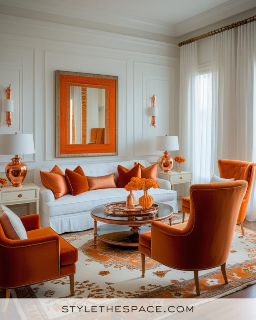 White Living Room with Burnt Orange and Copper Accents