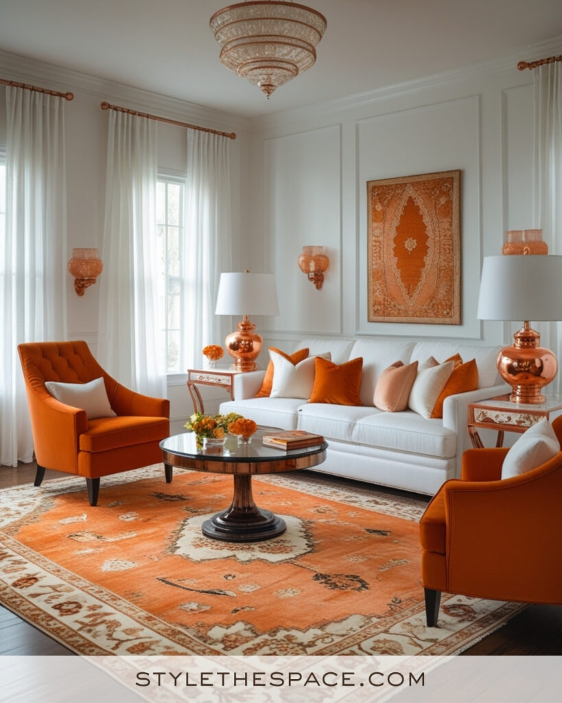 White Living Room with Burnt Orange and Copper Accents