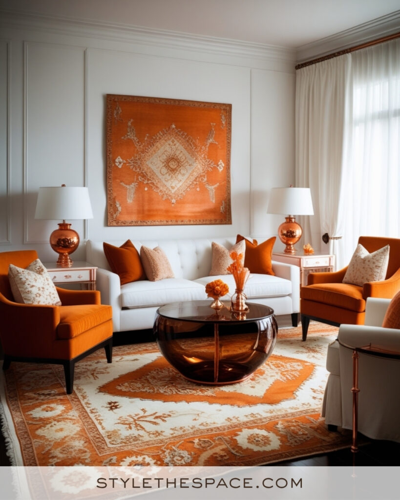 White Living Room with Burnt Orange and Copper Accents